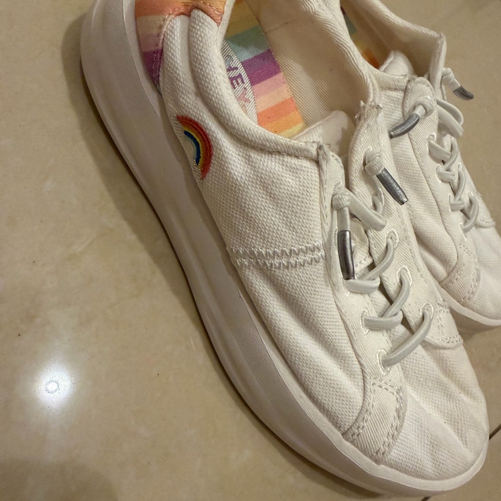 Hey Dude Kids White Canvas Sneakers with Rainbow Accent